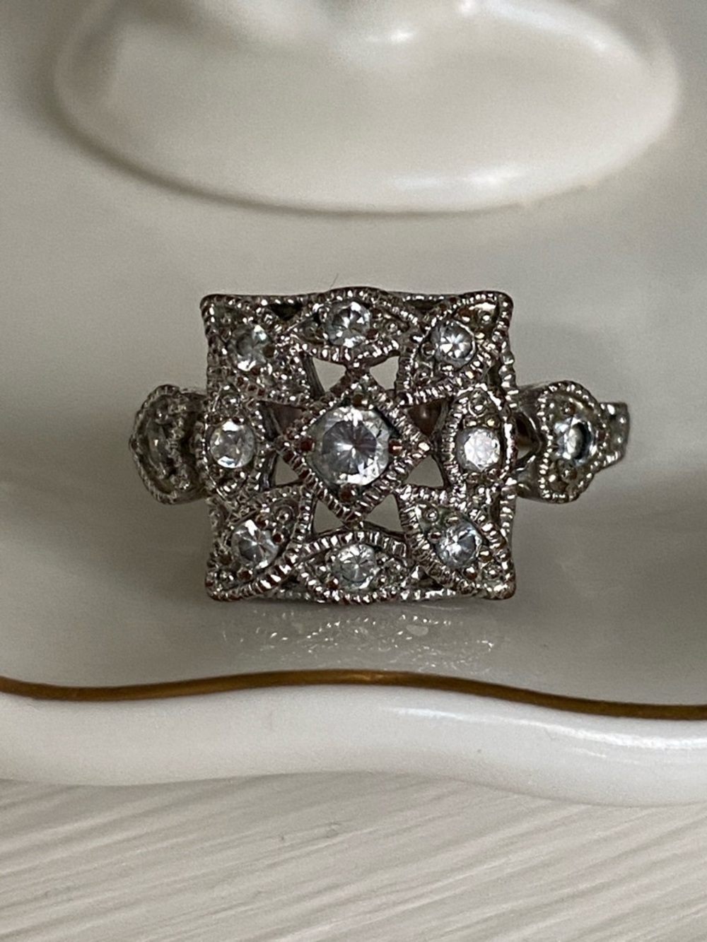 Silver Vintage Style Square Filigree Ring Floral & Crystals Marcasite Accents - Picture 10 of 16